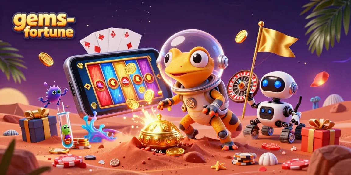 Engage with gems-fortune as a Martian gecko roams a golden casino filled with excitement.
