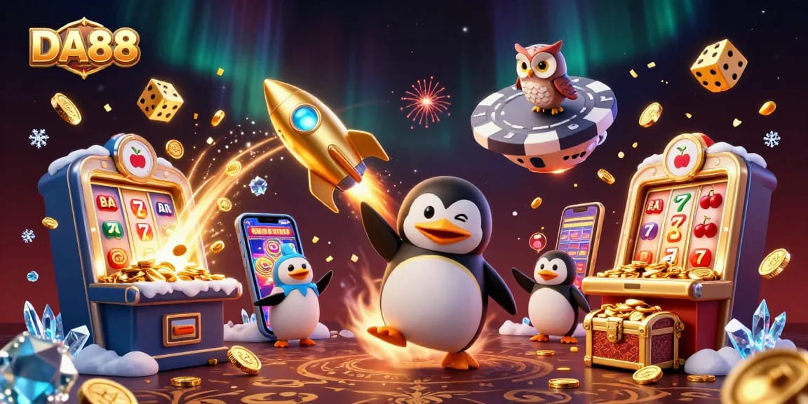 Experience thrilling action with DA88 as a golden penguin leads a cosmic casino adventure.
