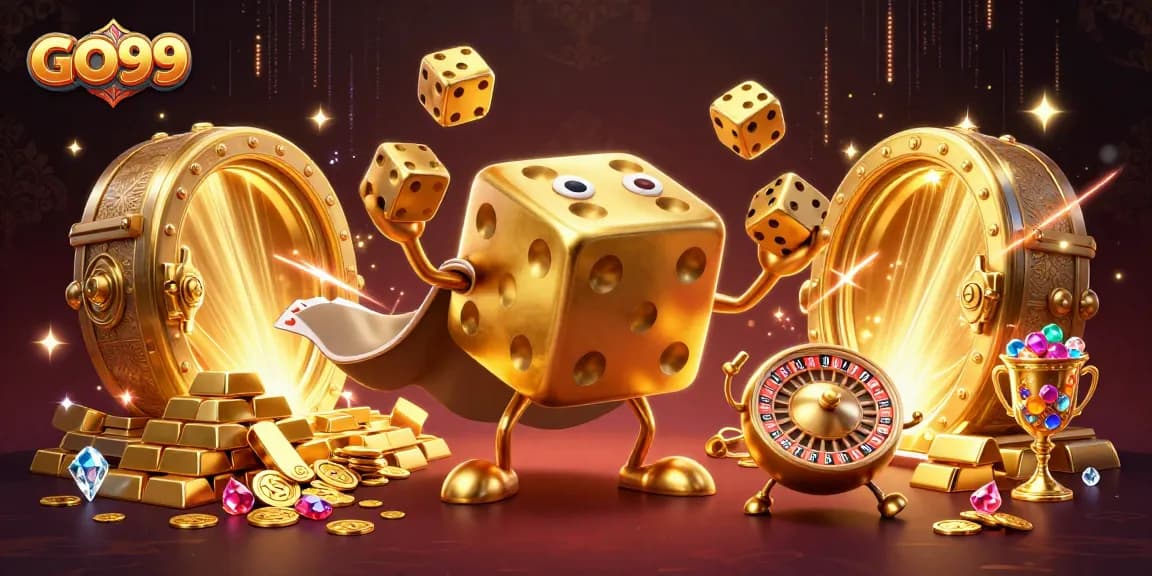 Experience excitement with GO99, featuring dynamic golden dice golem and casino treasures.