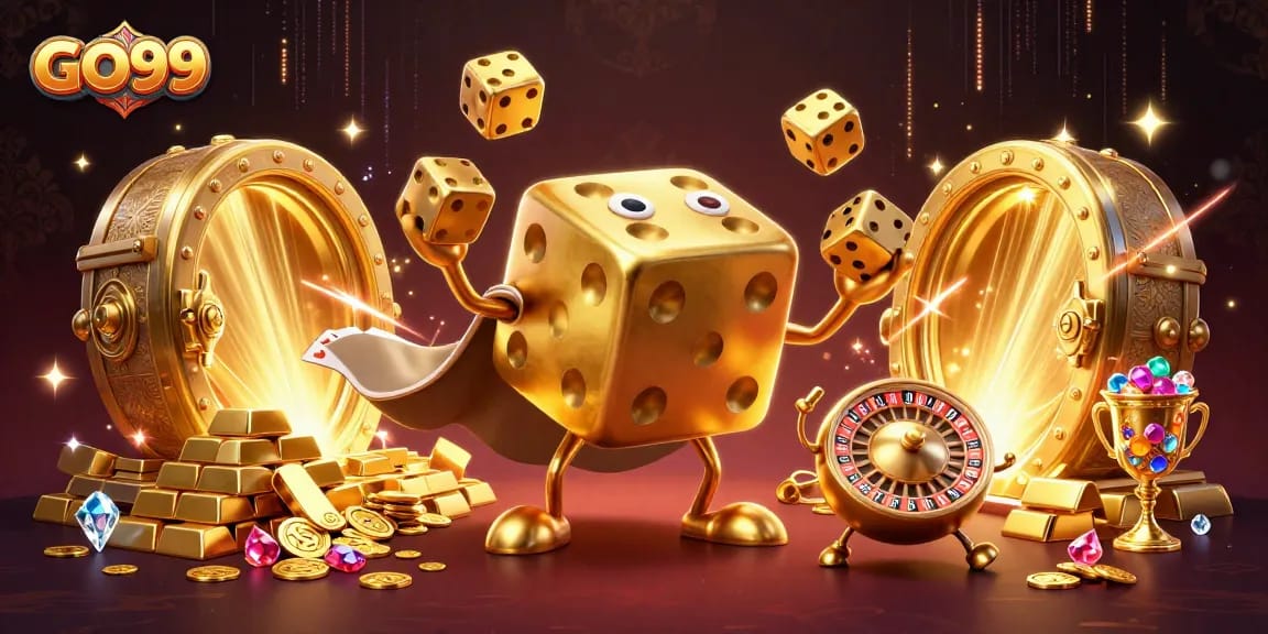 Experience excitement with GO99, featuring dynamic golden dice golem and casino treasures.