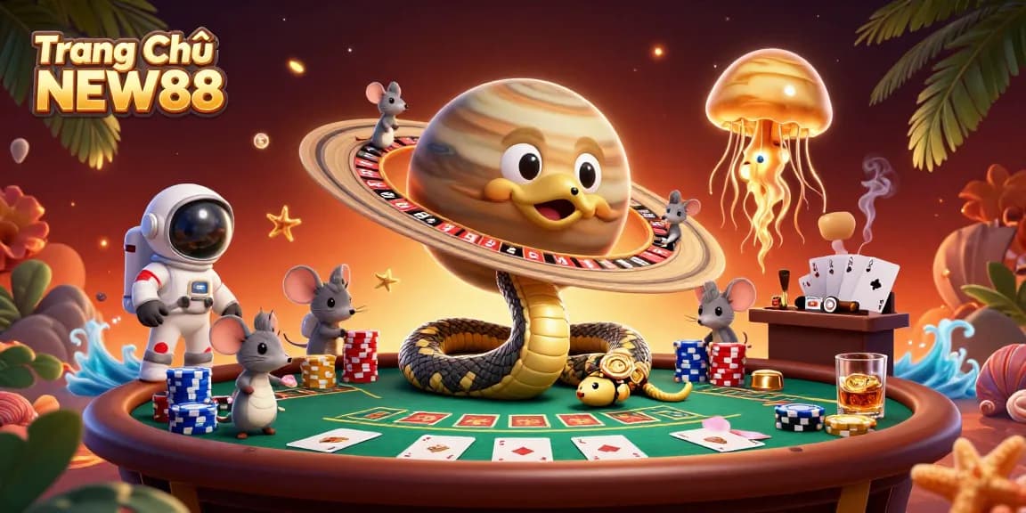 Experience thrilling bets at Trang Chủ NEW88 with a cosmic casino scene featuring vibrant gaming elements.