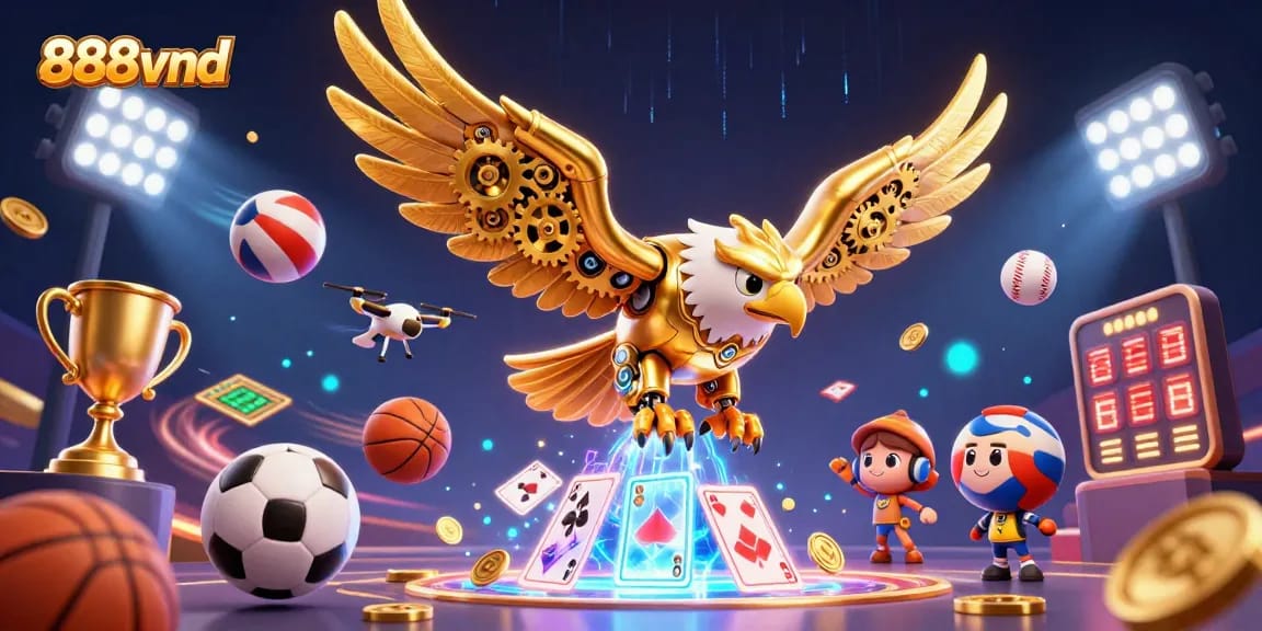Bet on gaming excitement with 888vnd, a cybernetic eagle amidst dynamic sports elements.