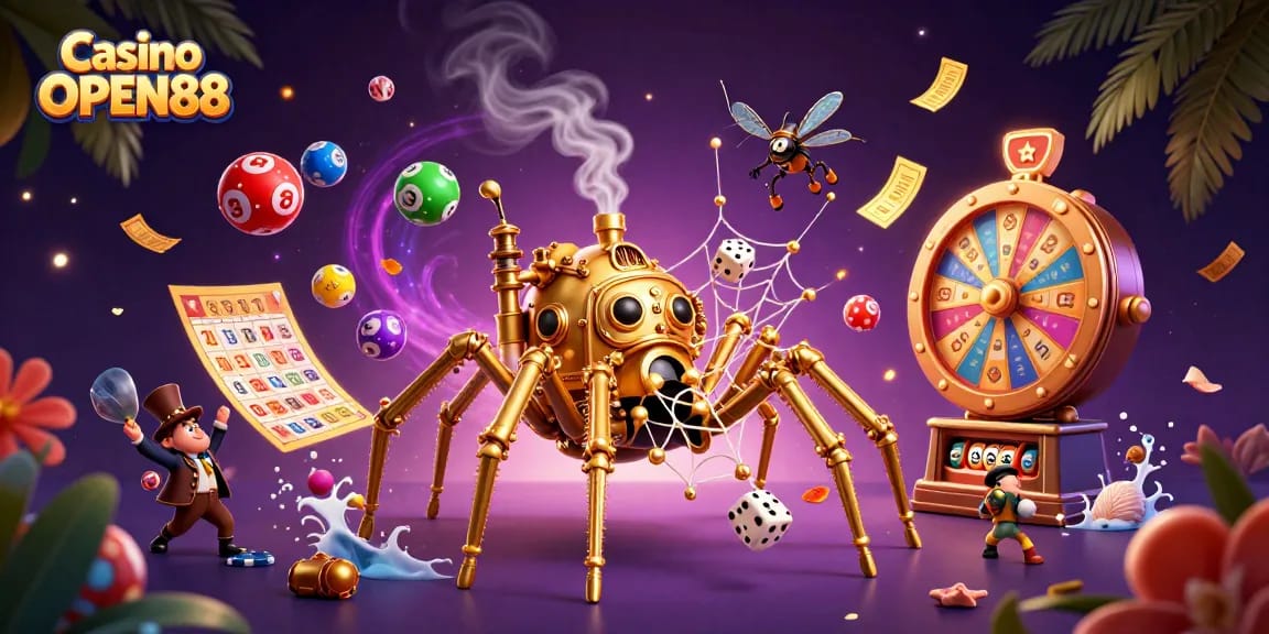 Experience Casino OPEN88 with a dynamic, vibrant 3D illustration full of game elements and excitement.