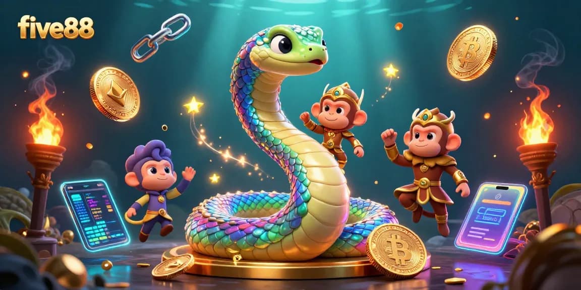 Experience the vibrant five88 casino world with a playful monkey king and rainbow serpent in action.