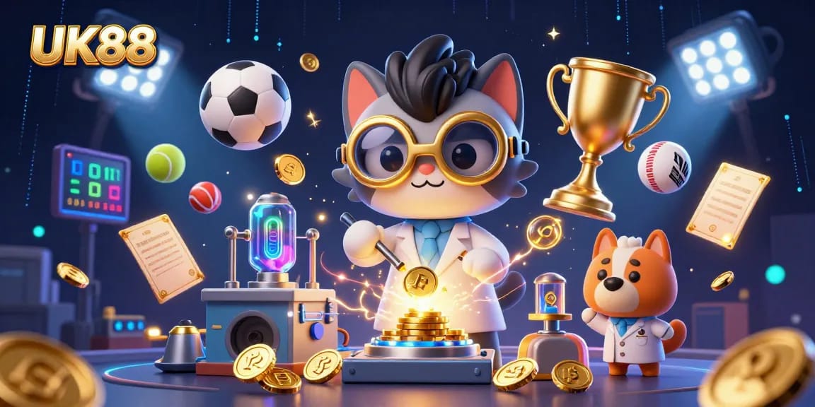 UK88 showcases a dynamic gambling scene with an animated mad scientist cat and dog amidst flying sports balls and gold coins.