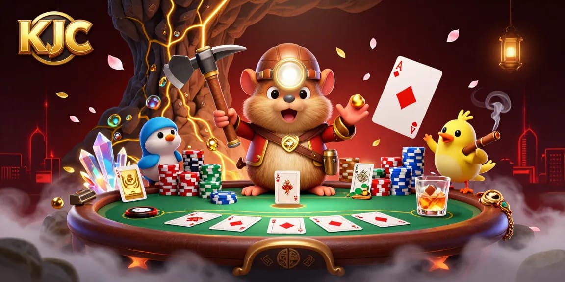 KJC engages players with a dynamic poker scene featuring a cartoon treasure hunter in a mining cave.