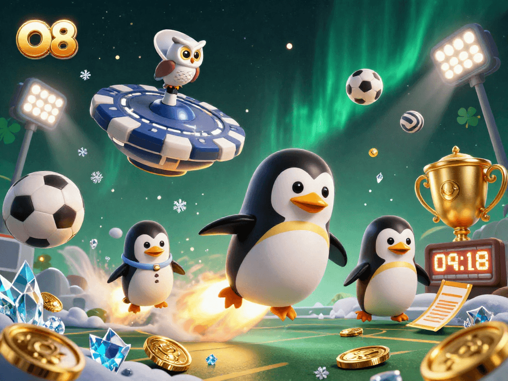 O8 features a golden penguin blasting through space towards a casino chip, surrounded by sports elements and dynamic graphics.