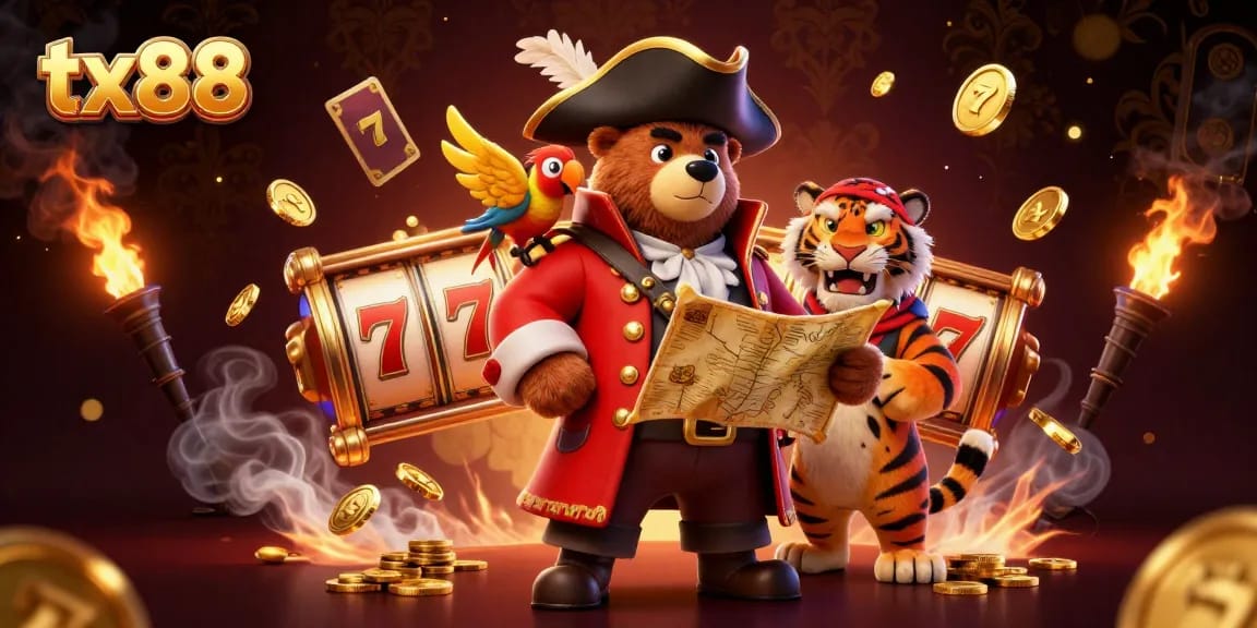 Spin for treasures at tx88 with a pirate bear and tiger amid dynamic casino elements.
