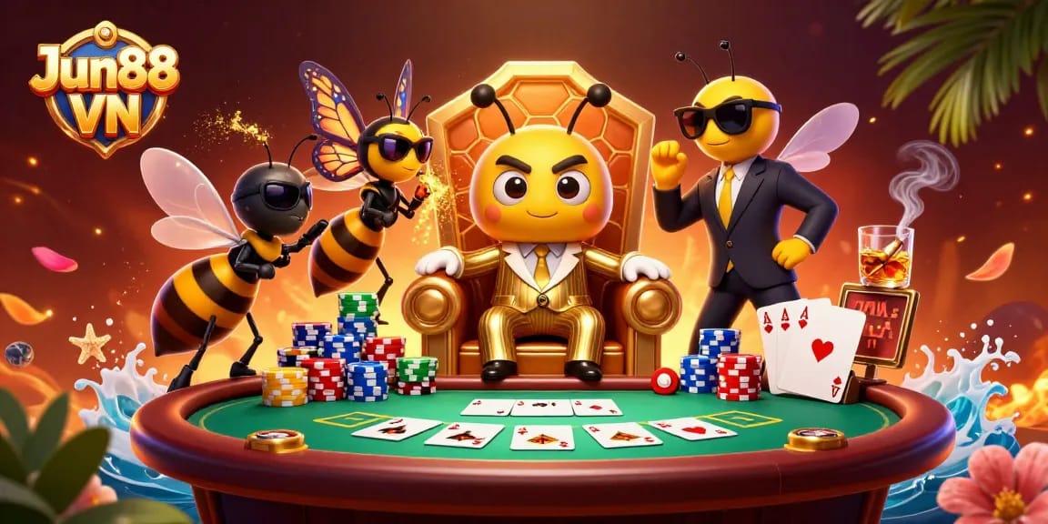 Engage in thrilling poker action with Jun88 VN's vibrant casino atmosphere, featuring flanked characters and dynamic scenes.