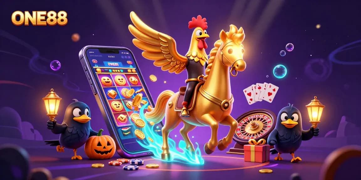 Win big at ONE88 with a vibrant casino scene featuring a golden rooster and dynamic gaming elements.