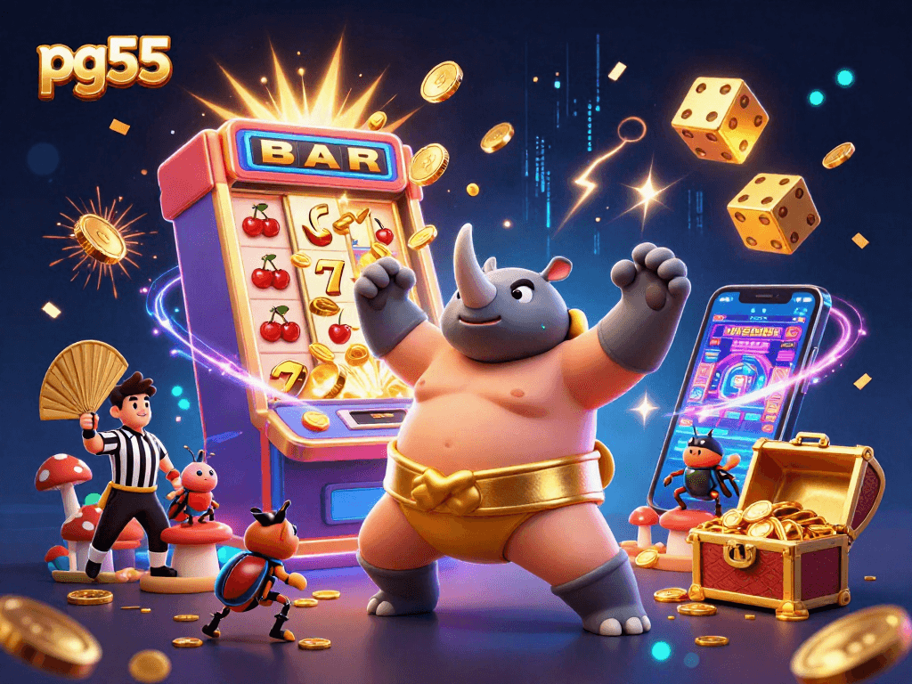 pg55 showcases a vibrant 3D illustration of a beetle Sumo champion amidst a lively casino scene.