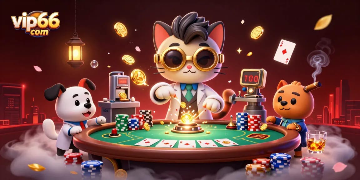 Join the excitement with vip66 com showcasing a mad scientist cat creating coins amidst vibrant poker action.