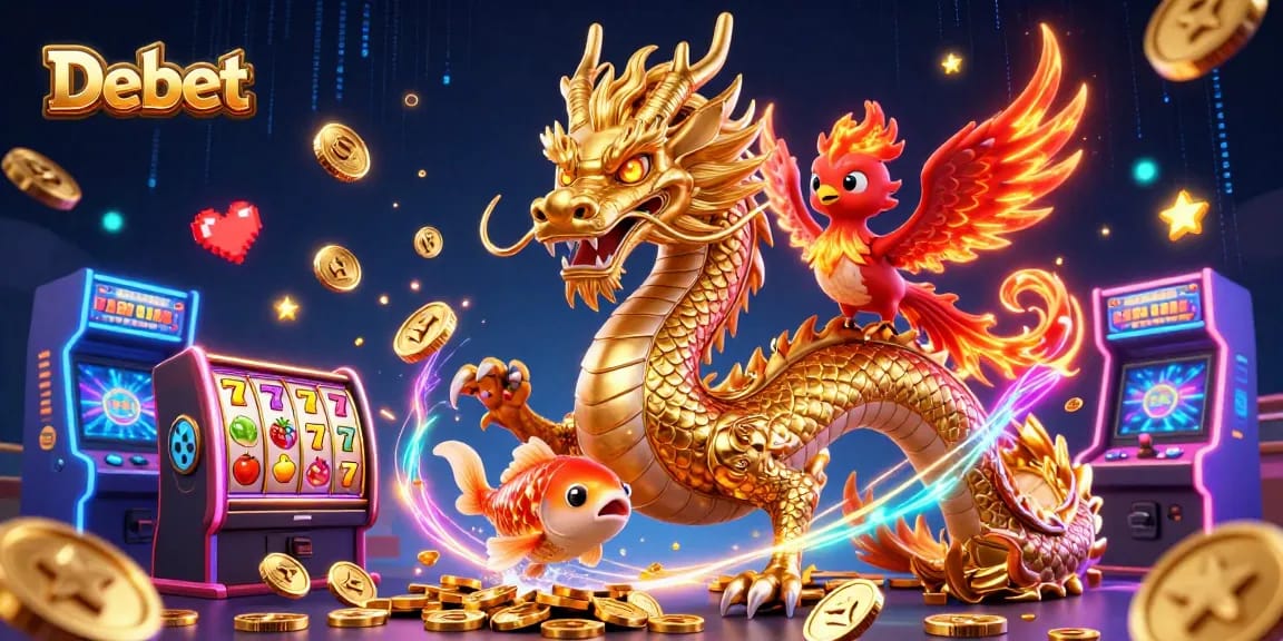 Debet showcases a thrilling online casino experience with a golden dragon and dynamic slots.