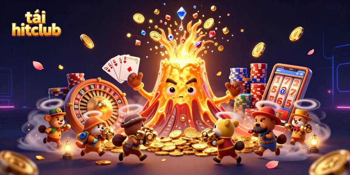 Play and win at tải hitclub with festive 3D graphics of golden treasures and vibrant casino elements.