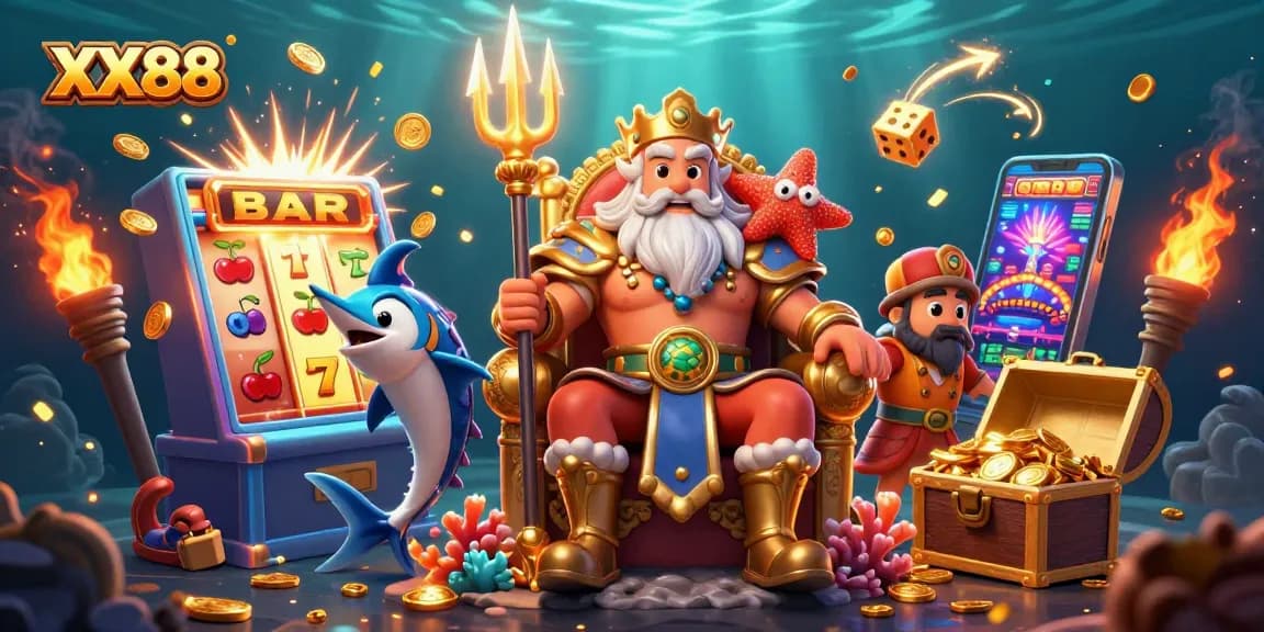 Spin jackpots with XX88's vibrant underwater casino scene featuring Neptune.