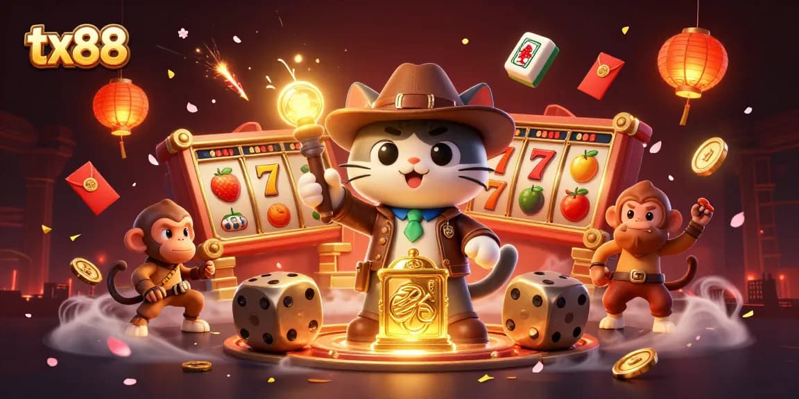 tx88 showcases an explorer cat discovering casino treasures among slot reels and vibrant symbols.