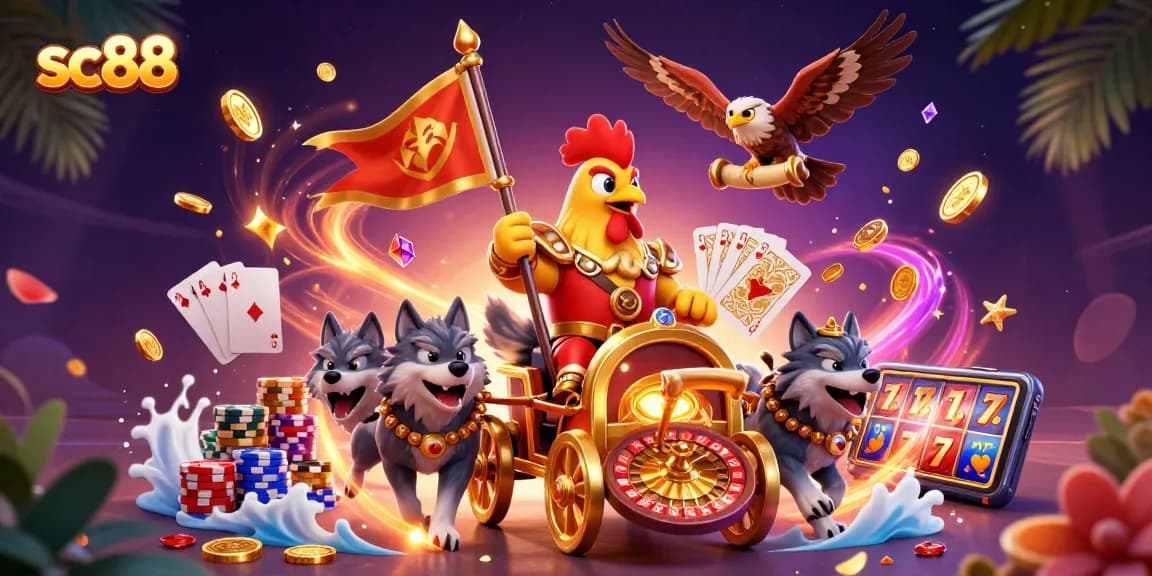 Engage in thrilling gameplay at sc88 with a cartoon rooster warlord in a golden chariot amidst cascading coins and gems.