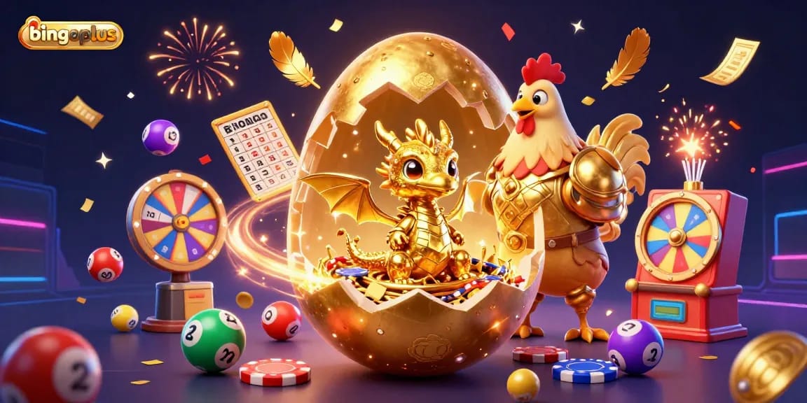Experience the excitement of bingoplus with a golden dragon and vibrant lottery elements in a dynamic casino scene.