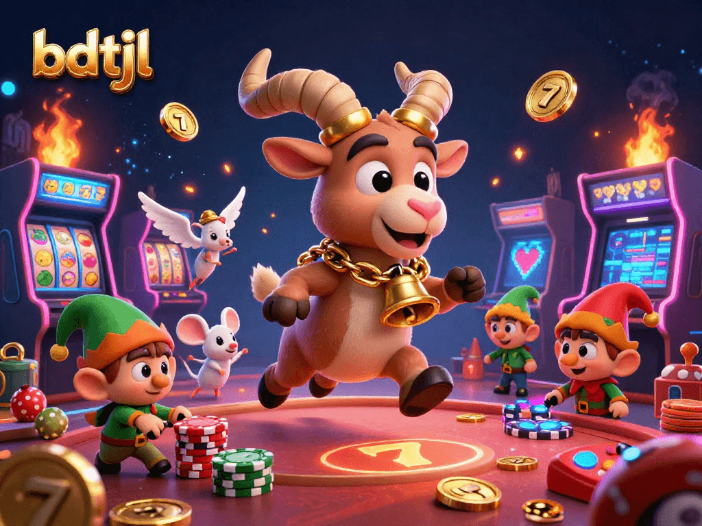Engage with bdtjl's holiday casino featuring Krampus, a mouse, and elf gremlins amid slot machines.
