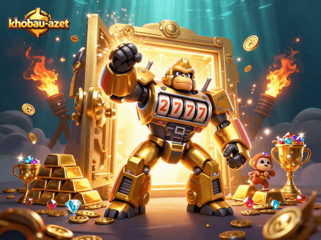 Experience thrilling wins in khobau-aztec with a golden mech amidst sparkling treasures in this vibrant illustration.
