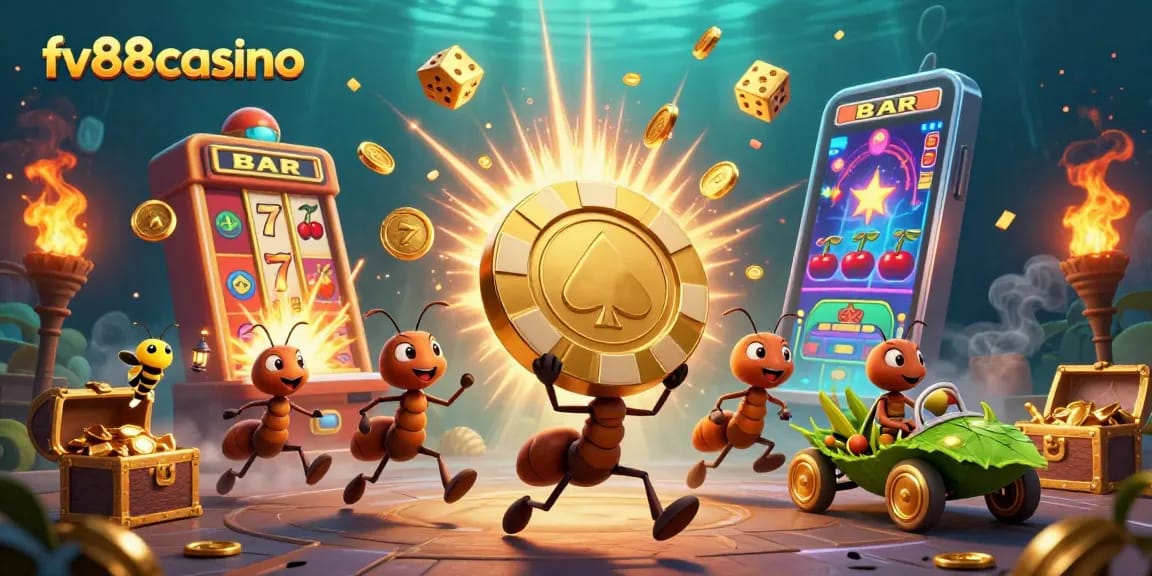 Experience thrilling gameplay at fv88casino where ants carry a golden poker chip in a vibrant casino adventure.