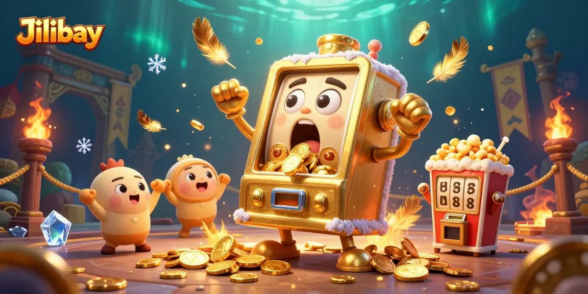 Jilibay's animated golden slot machine celebrates a jackpot win amid vibrant casino elements.