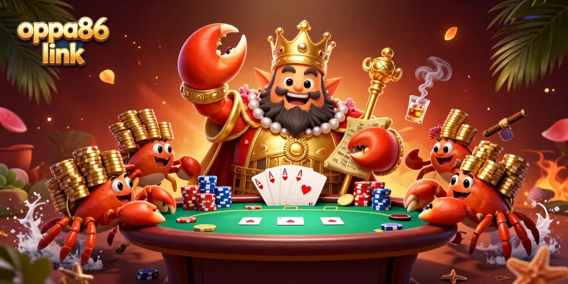 Engage with the exciting world of Oppa86 link featuring a majestic crab emperor at a vibrant poker scene.
