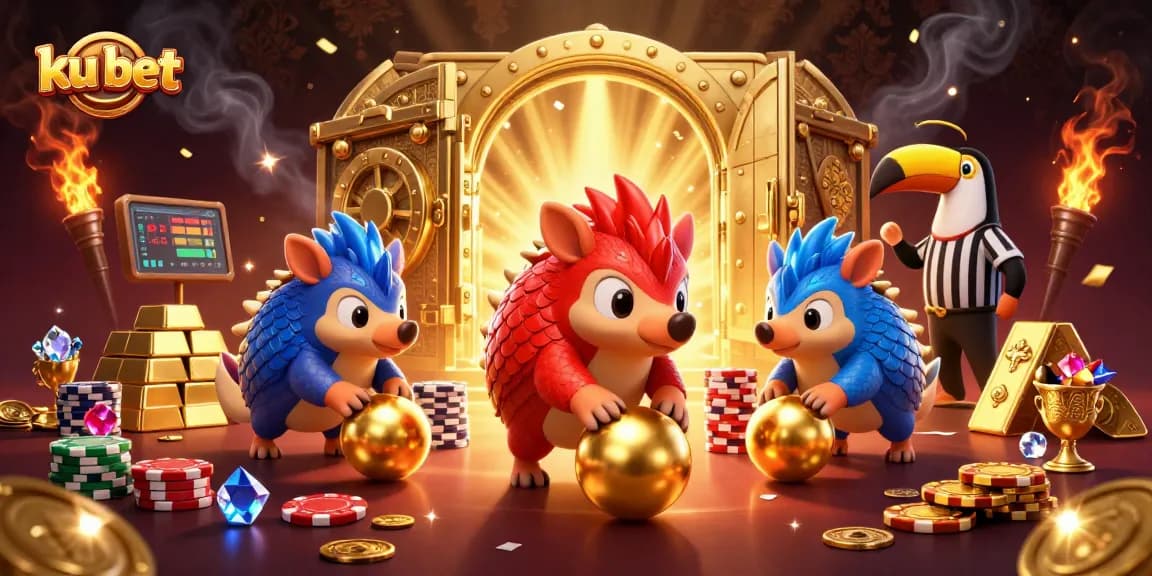 ku bet rivals compete in a dynamic casino game scene, surrounded by gold treasures and vibrant elements.