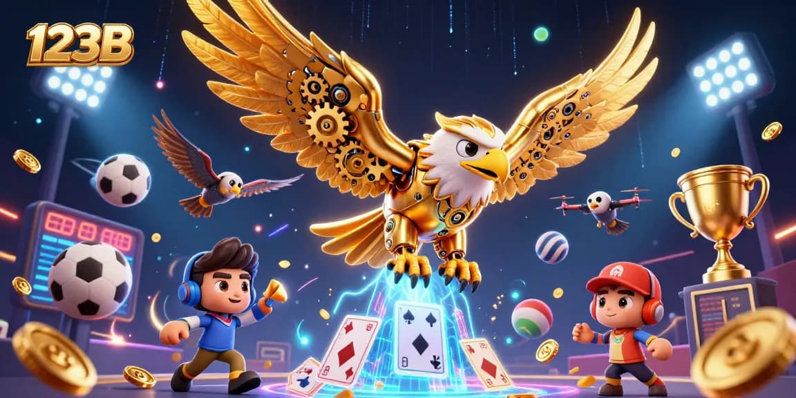 Experience thrilling action at 123B, where a golden eagle soars above dynamic sports elements in a vibrant casino scene.