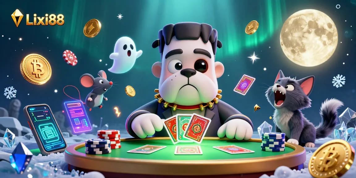 Experience thrilling gameplay with Lixi88 as a cartoon Frankenstein bulldog deals cards in a spooky casino.