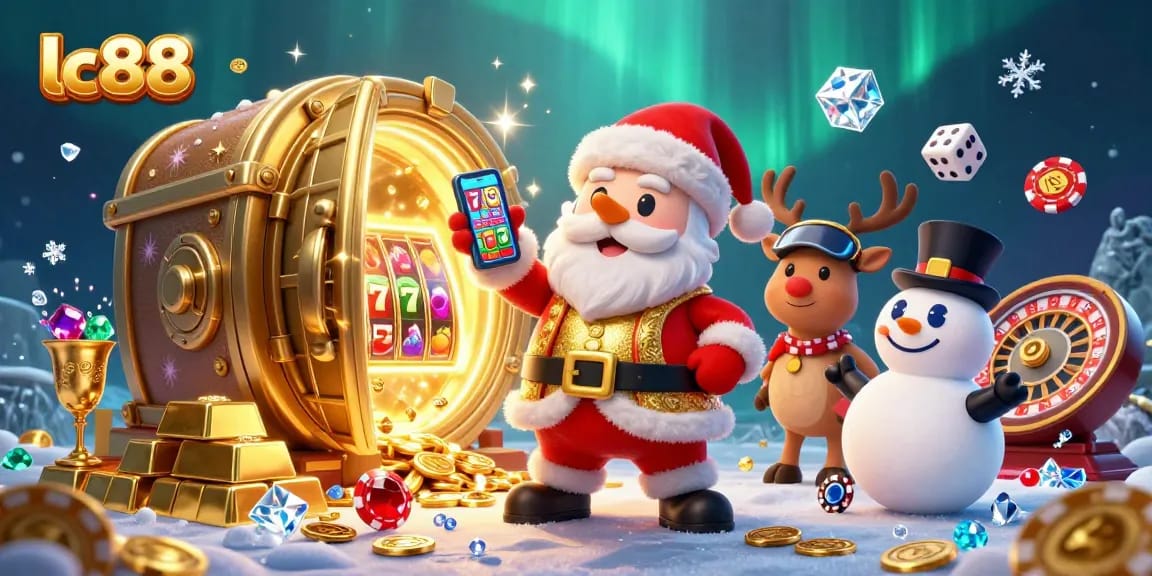 Spin jackpot slots and enjoy vibrant gaming at lc88, featuring Santa and friends in a lively casino scene.