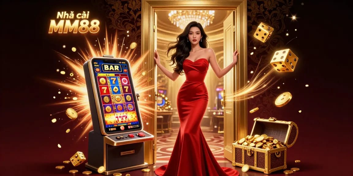Experience the excitement at Nhà cái MM88 with vibrant games and luxury casino elements surrounding a stunning scene.