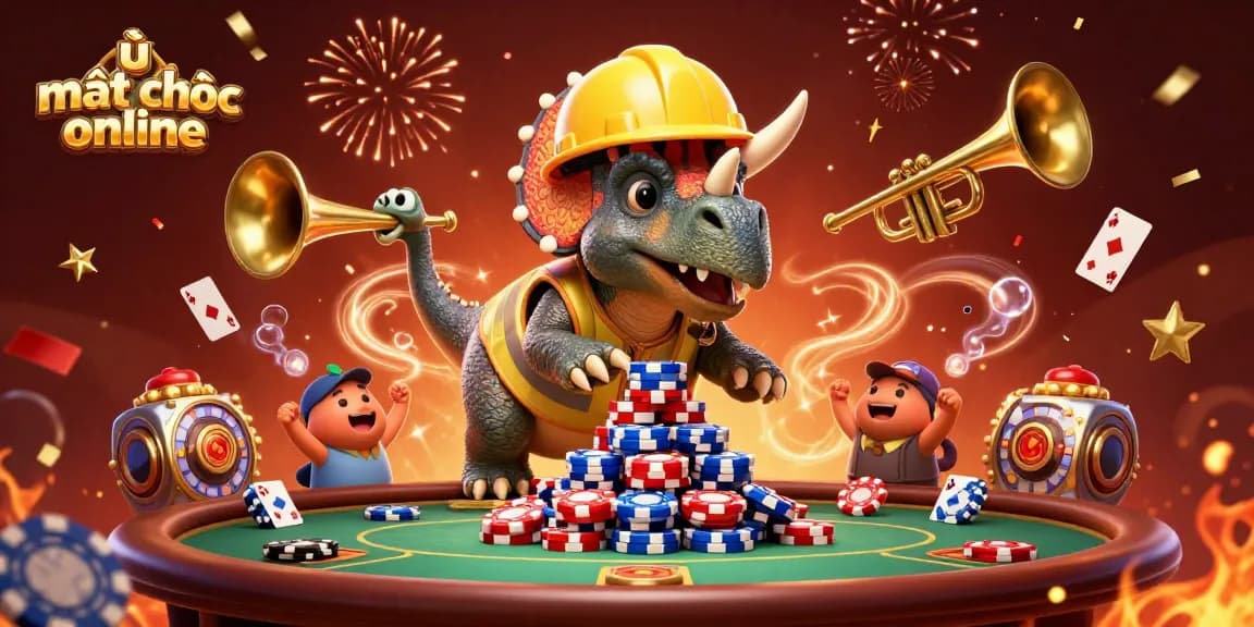 Join the excitement of ù mạt chược online with a celebratory scene featuring poker chips, cards, and joyful characters.