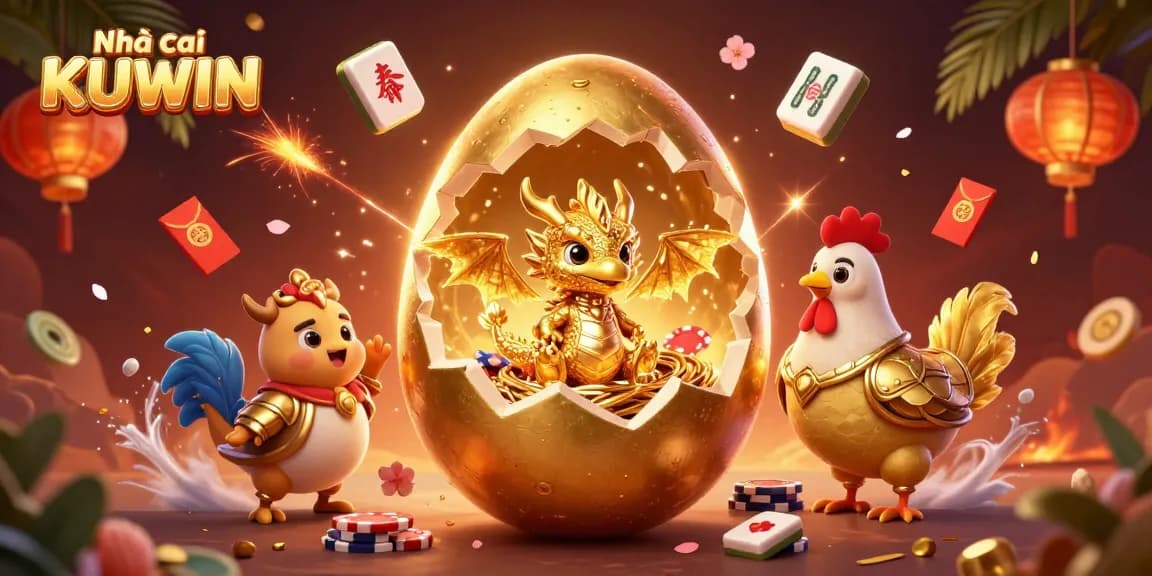 Engage with Nhà cái KUWIN’s exciting gaming scene as a golden dragon emerges amidst vibrant casino elements.