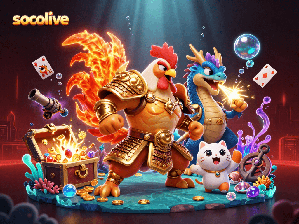 Experience the excitement of socolive live streams, featuring a dynamic rooster warrior and dragon in a gambling adventure.