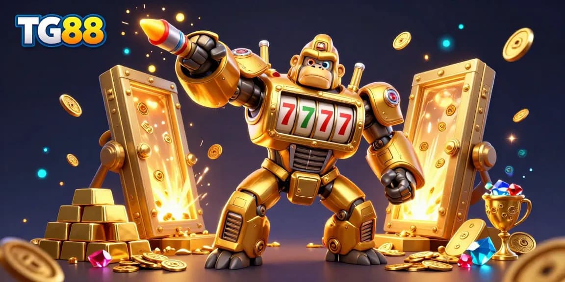 Engage with TG88 as a golden gorilla mech bursts into action amid winnings and treasures.
