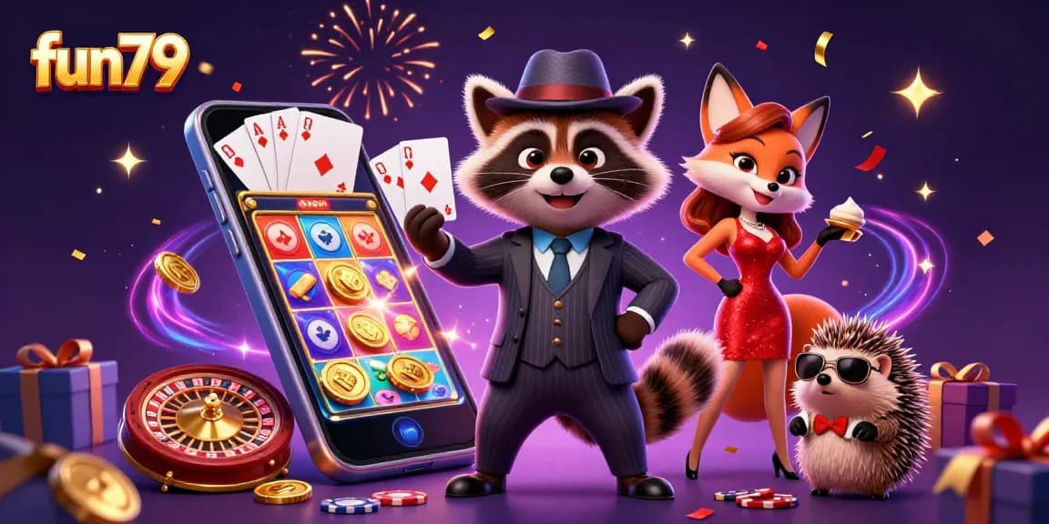 Experience excitement at fun79 with characters celebrating around a vibrant casino scene filled with games and riches.