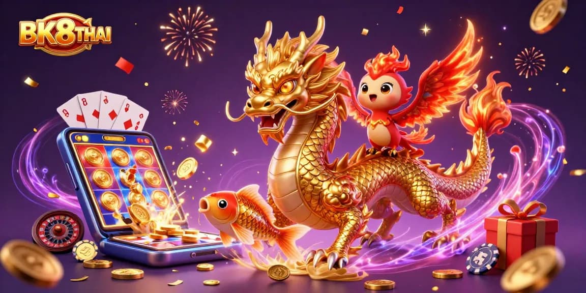 Experience thrilling gaming at BK8THAI with a dynamic illustration featuring a dragon, phoenix, and coins.
