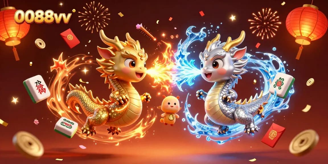 Experience the thrill of 0088vv with dynamic dragons and vibrant casino elements in a festive setting.
