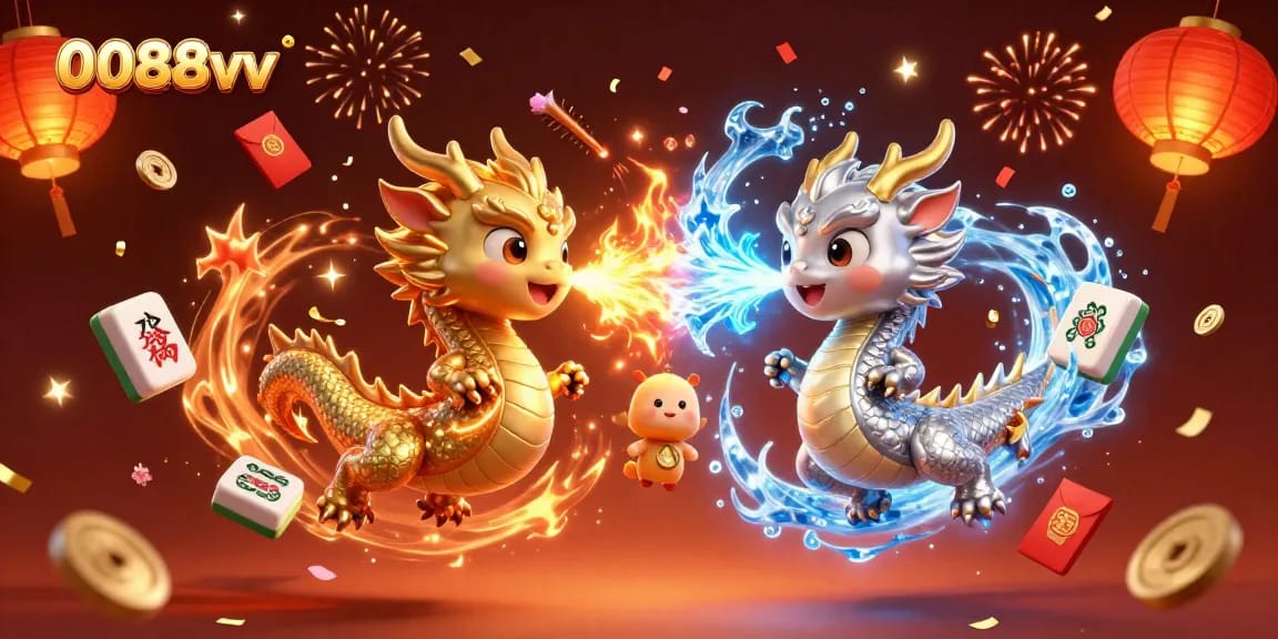Experience the thrill of 0088vv with dynamic dragons and vibrant casino elements in a festive setting.