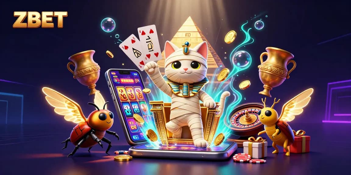 ZBET's captivating Egyptian themed casino illustration with a mummy cat and scarab, illustrating dynamic gambling excitement.