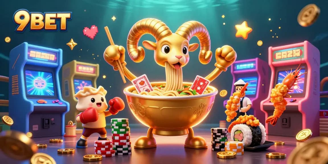 9BET casino illustration featuring a golden ramen bowl dealing cards, vibrant gaming elements and characters.