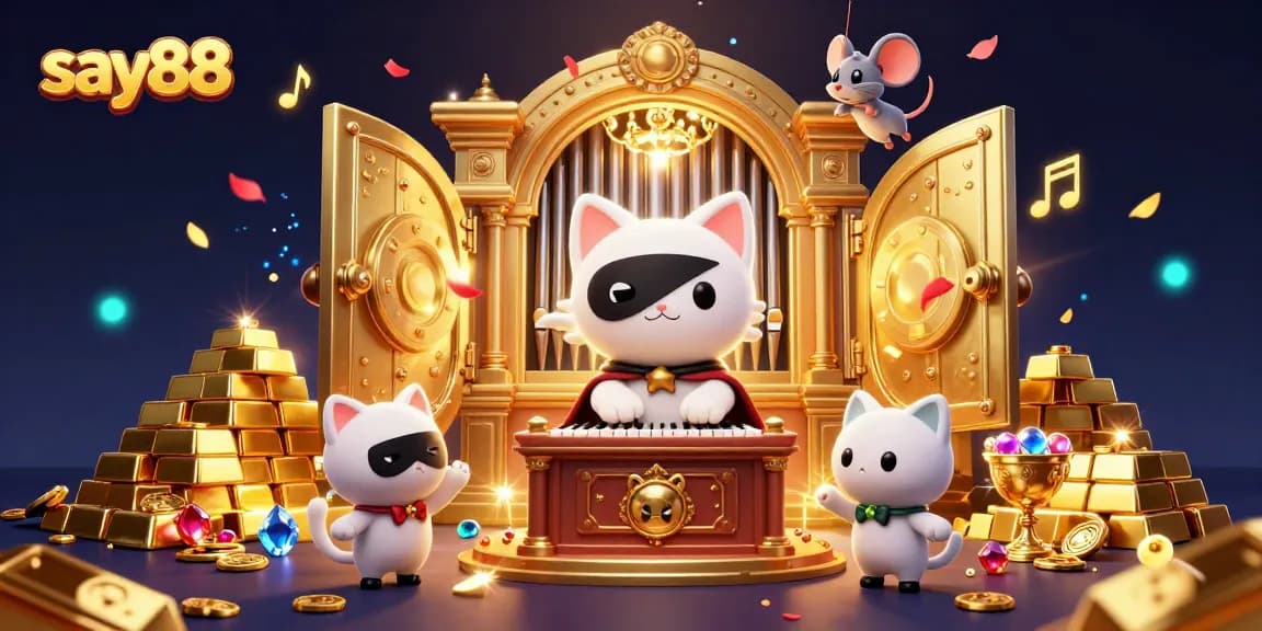 Win big with say88 at an exciting casino scene featuring a masked cat and dazzling treasures.