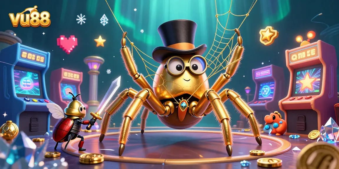 Experience the vibrant world of vu88 casino with a dynamic digital illustration of a golden tarantula and beetle knight.