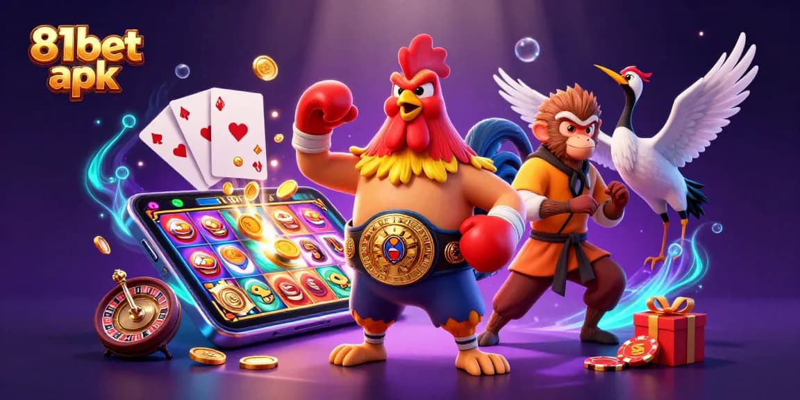 Win big with 81bet apk as fierce characters and casino games come alive in this vibrant illustration.