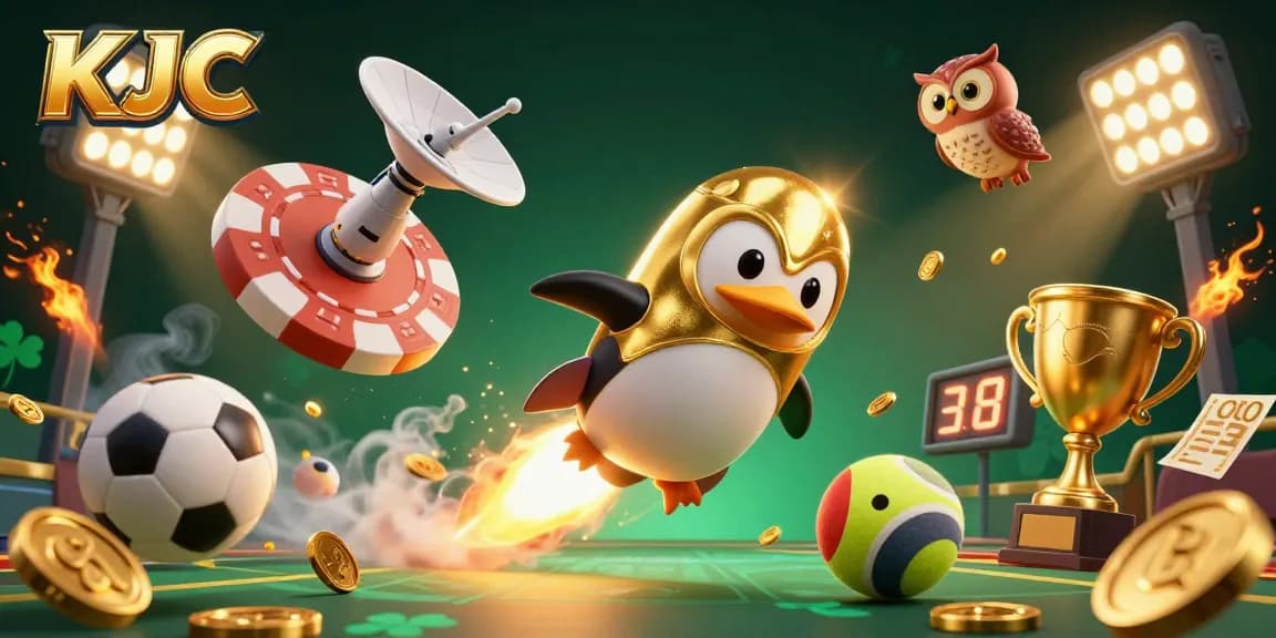 KJC offers exciting gambling experiences with a vibrant illustration showcasing a dynamic gaming scene featuring a golden penguin and casino elements.