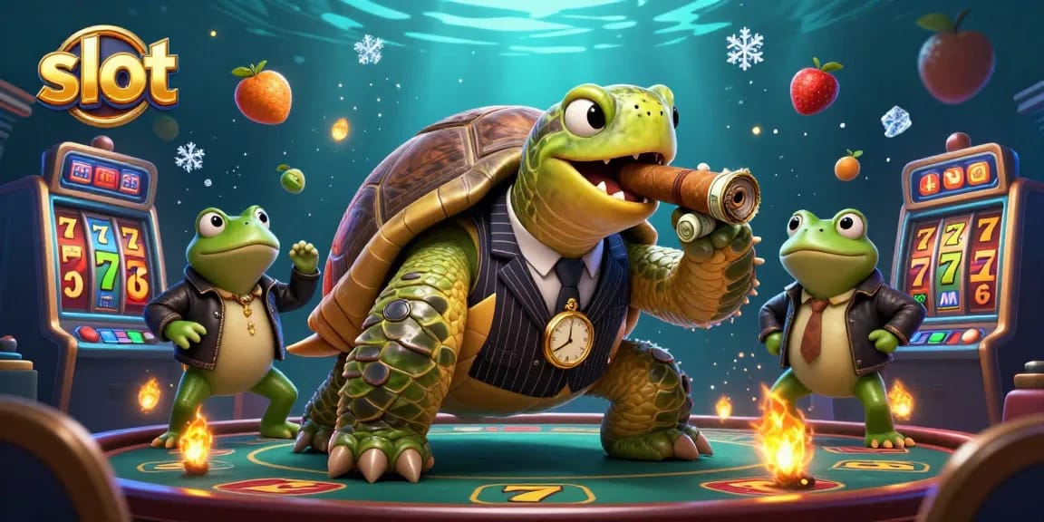 Spin the reels with a massive snapping turtle in casino action, surrounded by jackpots and lively bullfrog enforcers.