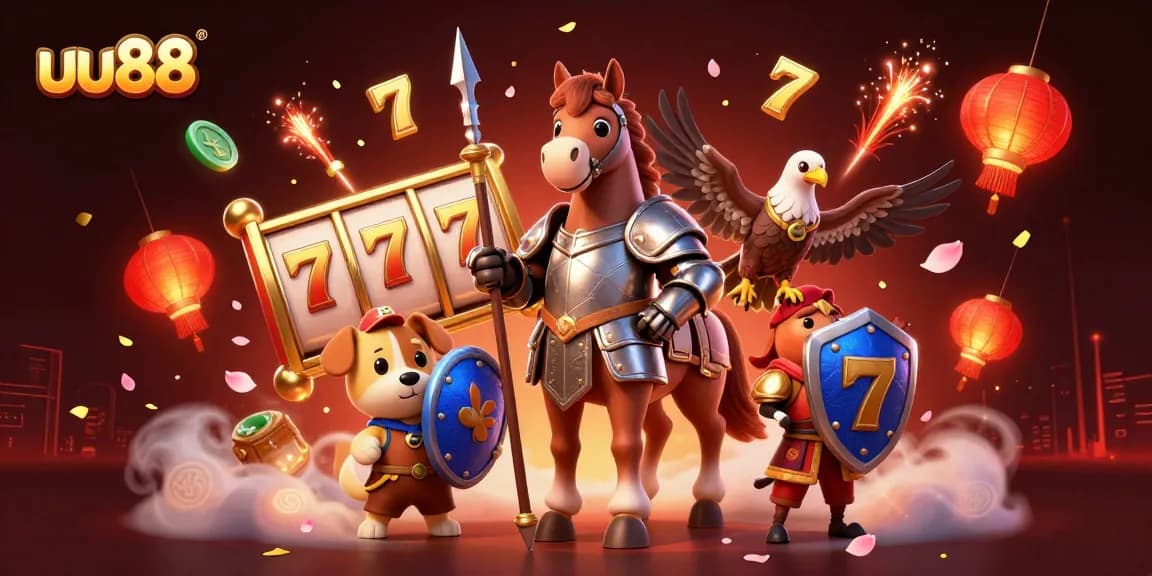 Experience thrilling action at uu88, featuring a knight and puppy in a dynamic casino scene.