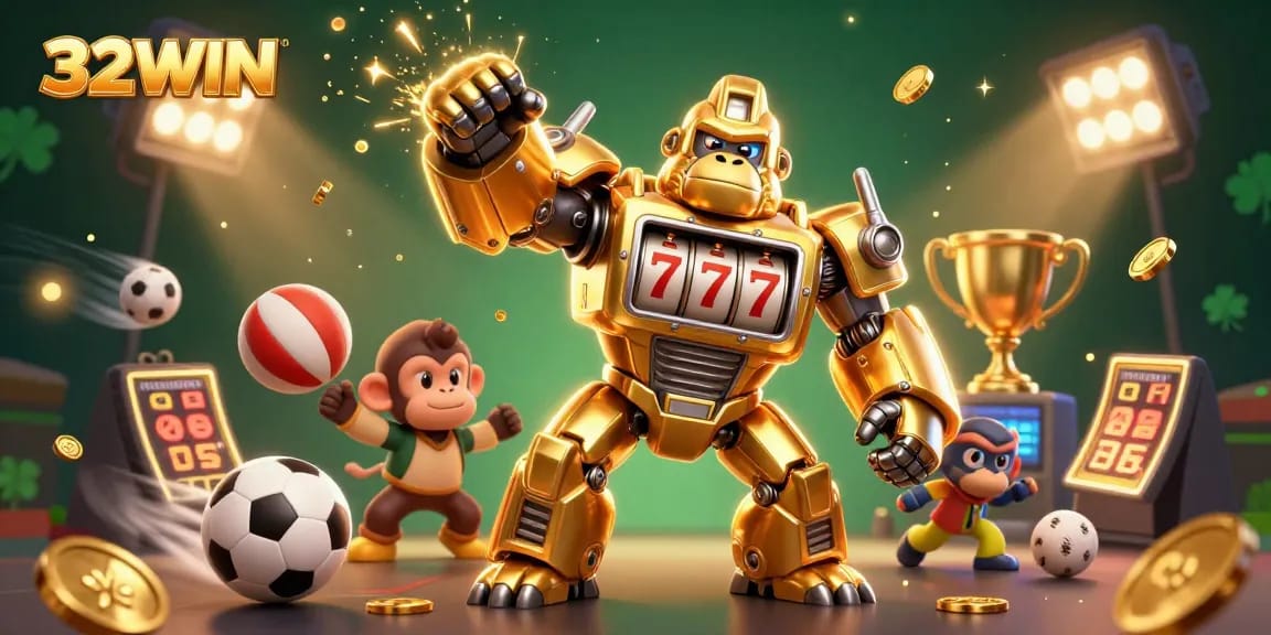 Experience the thrill of 32WIN with dynamic gaming action, featuring a golden gorilla mech amidst exciting casino elements.
