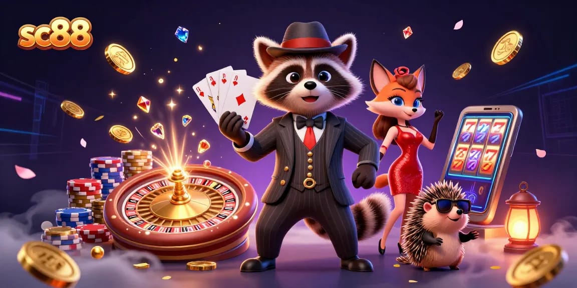 Experience the thrill of sc88 with a royal flush and vibrant casino elements in an engaging 3D scene.
